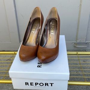 Report “Luis” cognac leather platform stilettos. Size 8.5.